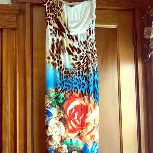 Floor length strapless sundress.